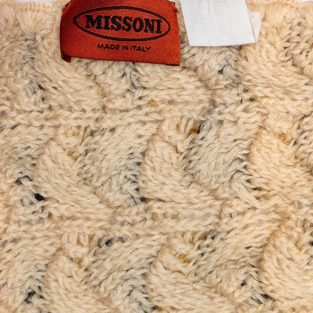 Missoni Beige & Black‎ Patterned Knit Wool Scarf with Fringe Trim